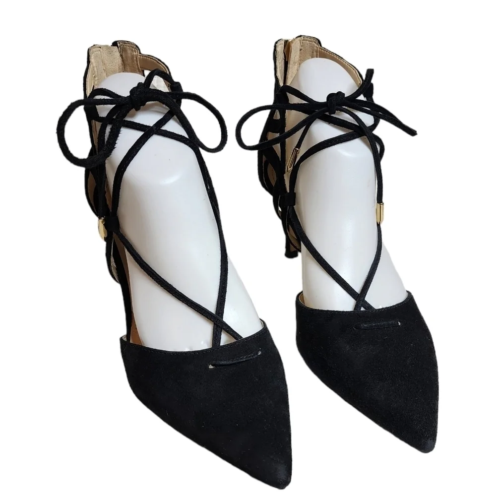Marc Fisher Black Leather Suede Truthe Lace-up Pointed Toe Pumps Size 7.5